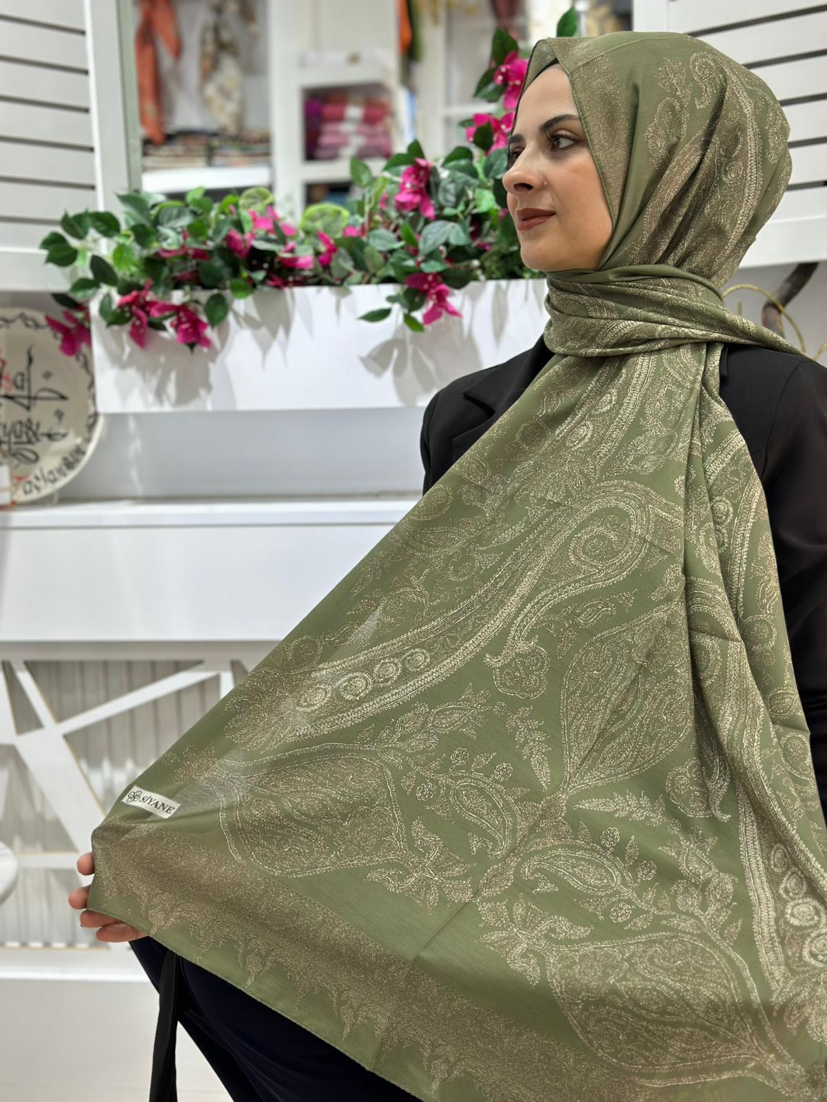 Siyane Desenli Pamuklu Şal Haki Rengi