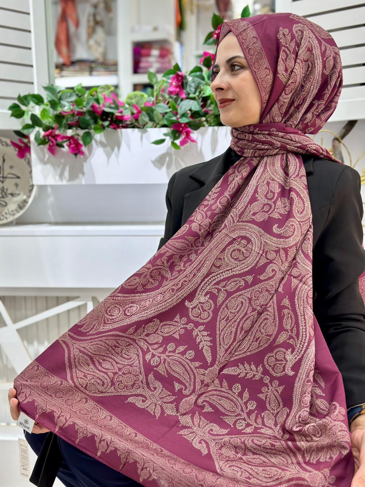 Siyane Desenli Pamuklu Şal Koyu Fuşya Rengi