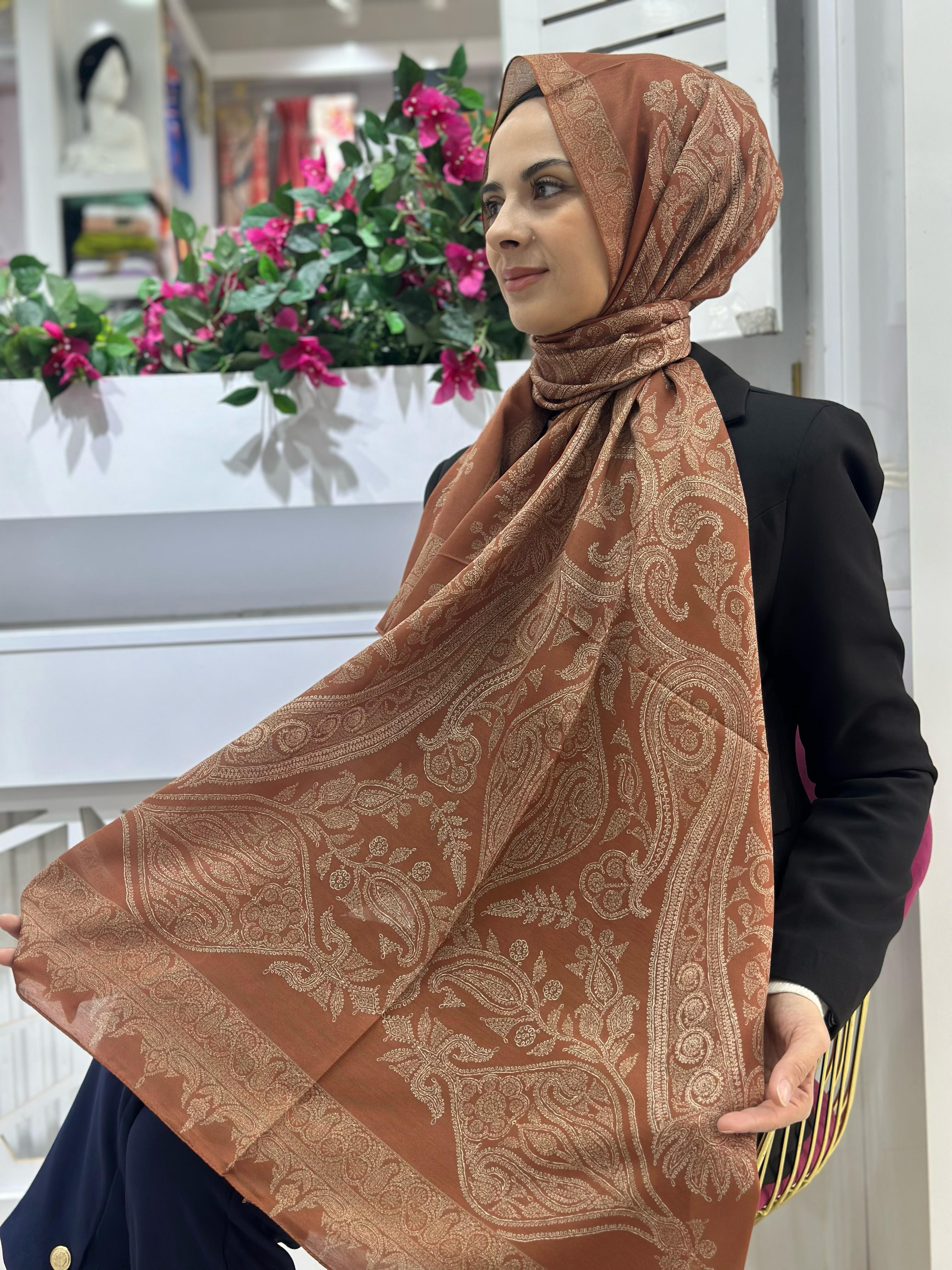 Siyane Desenli Pamuklu Şal Taba Rengi