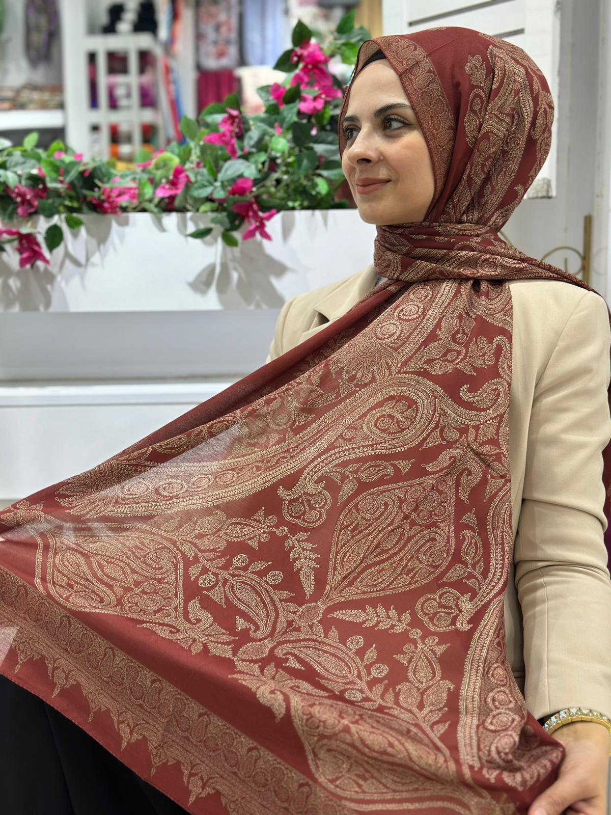 Siyane Desenli Pamuklu Şal Yeni Kiremit Rengi