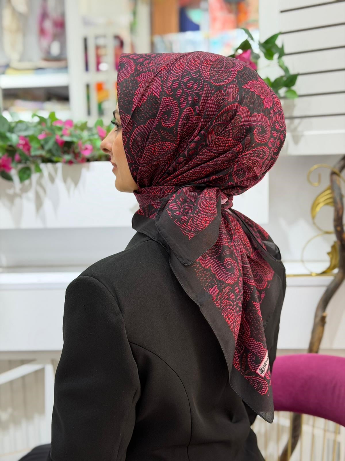 Siyane Desenli Soft Nakışlı Eşarp 01