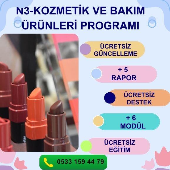 N3-KOZMETİK VE BAKIM ÜRÜNLERİ PROGRAMI STOK YÖNETİMİ PERSONEL MAAŞ MD. PERSONEL PİRİM MD. KOLAY SİPARİŞ MD. KOLAY SAYIM MD. PERAKENDE MÜŞTERİ MD. GİDER MD. FİŞ BAZLI SATIŞ RAPORU ÜRÜN SATIŞ HIZ RPR. DÖNEMSEL SATIŞ RPR. ŞÜPHELİ İŞLEMLER RPR. KAZANÇ ANALİZİ