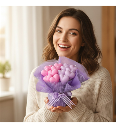 Premium El Emeği Pembe Lila Kalpler Mum Buketi
