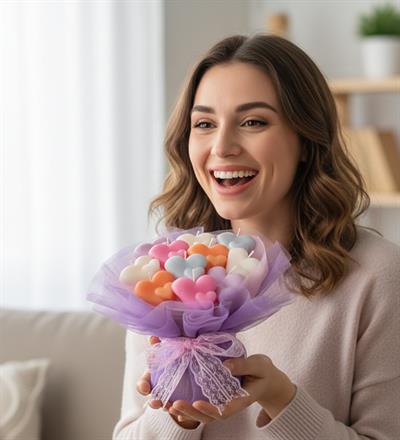 Premium El Emeği Renkli Çift Kalpler Mum Buketi