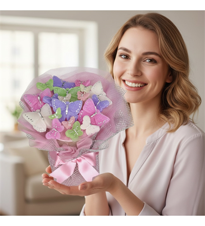 Premium El Emeği Renkli Kelebekler Mum Buketi