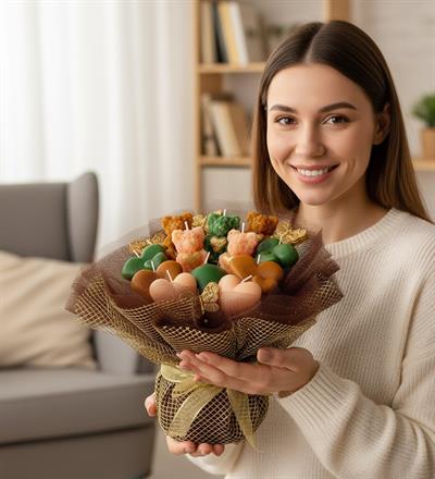 Premium El Emeği Yeşil Hardal Tonlarda Kalpler Ve Ayıcıklar Mum Buketi