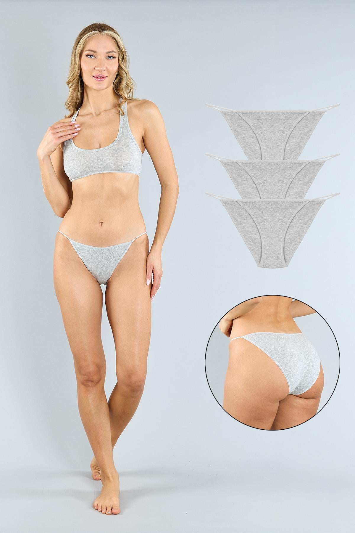 Pamuklu Gri Melanj Klasik Kesim String Külot 3'lü Paket