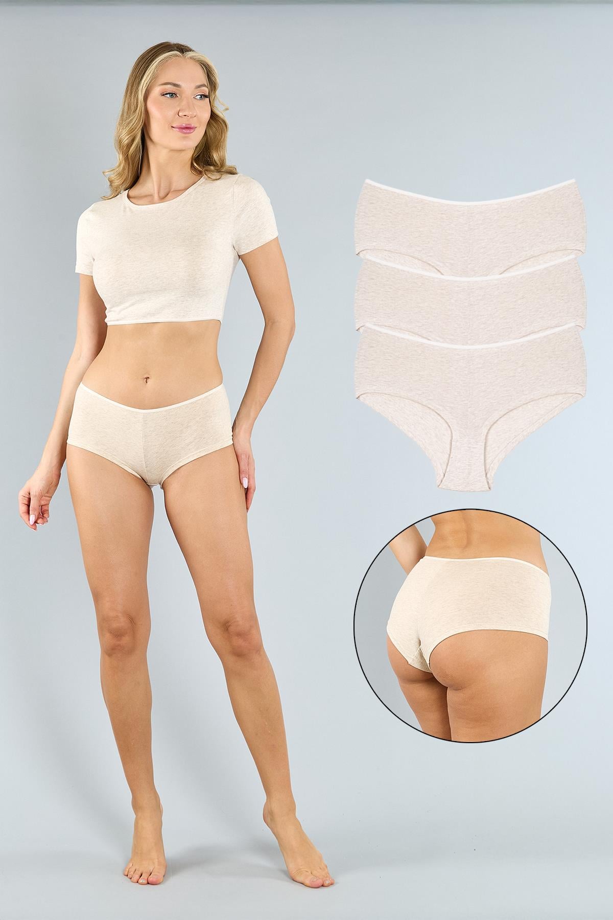 Pamuklu Kahve Melanj Basic Kadın Boxer Külot 3'lü Paket 