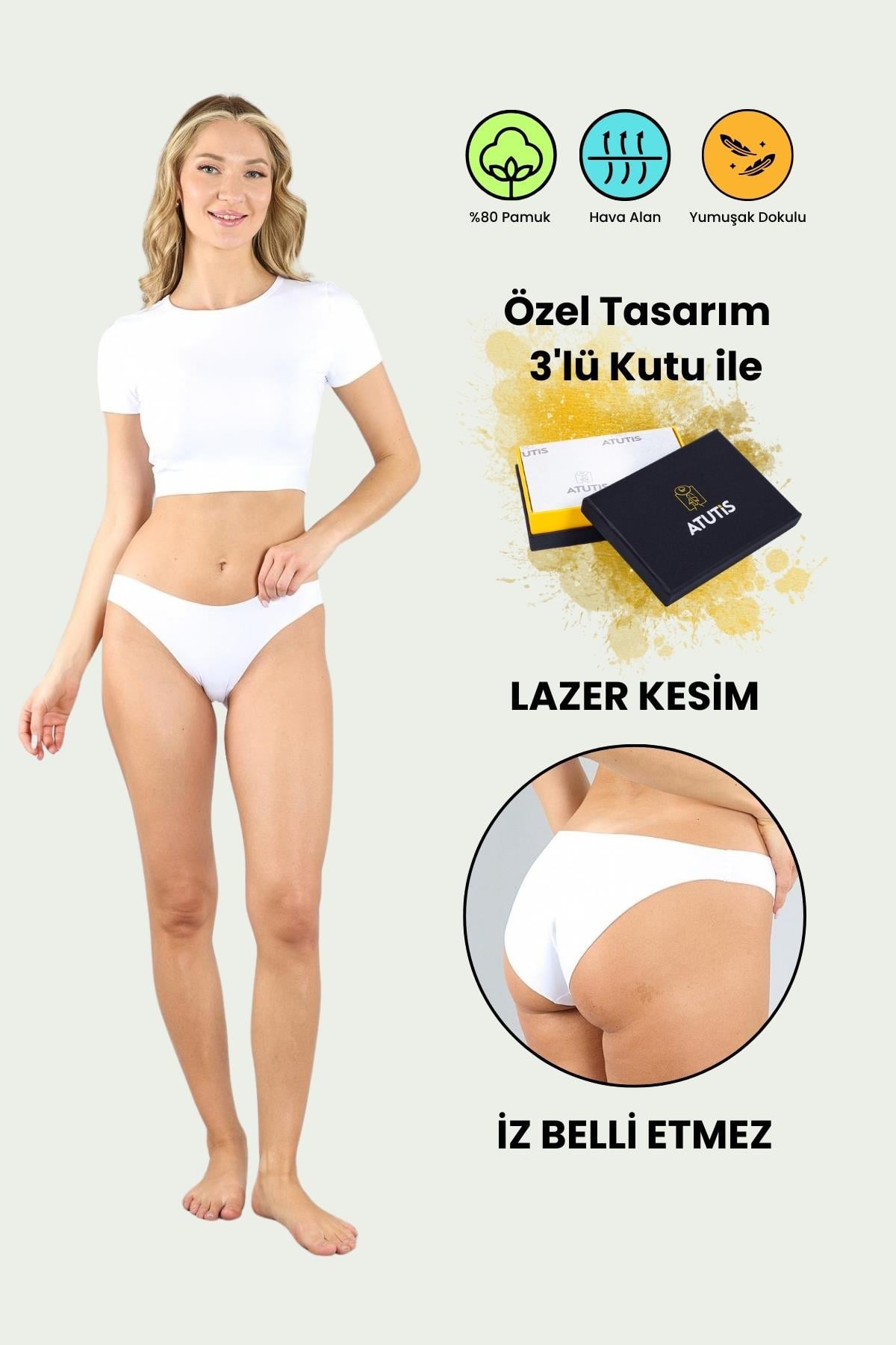 Pamuklu Lazer Kesim Dikişsiz Beyaz Klasik Külot 3'lü Paket
