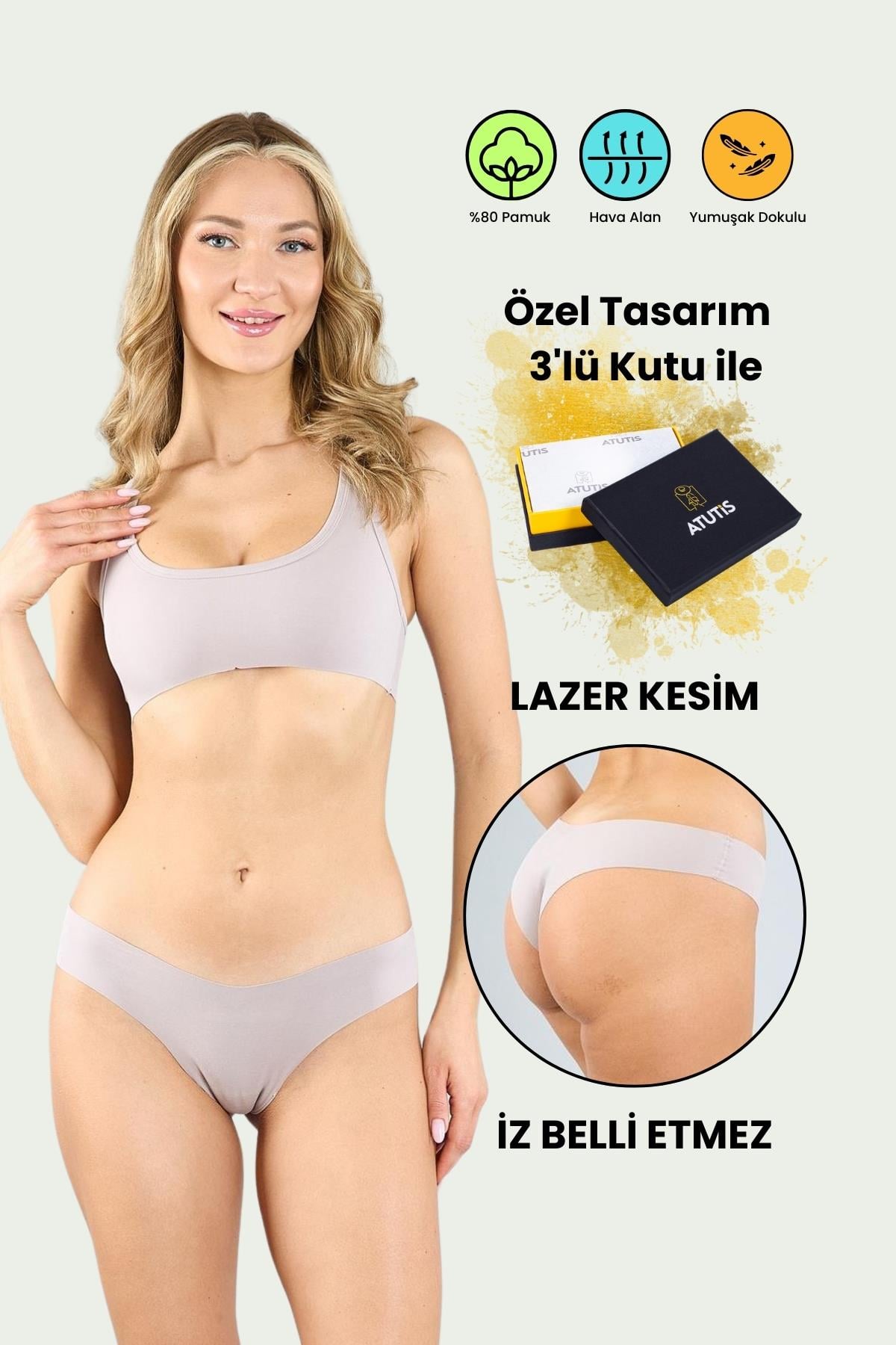 Pamuklu Lazer Kesim Dikişsiz Mürdüm Brazilian Külot 3'lü Paket