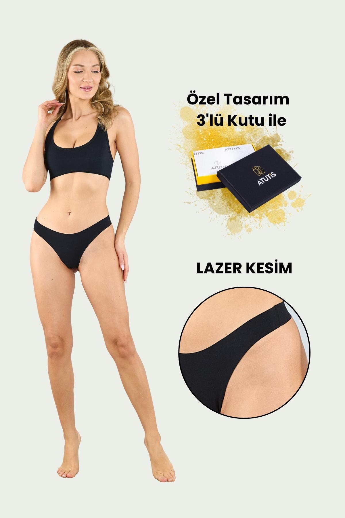 Pamuklu Lazer Kesim Dikişsiz Siyah Tanga Külot 3'lü Paket