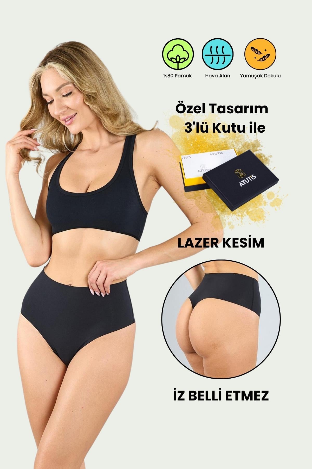 Pamuklu Lazer Kesim Dikişsiz Siyah Yüksek Bel Tanga Külot 3'lü Paket
