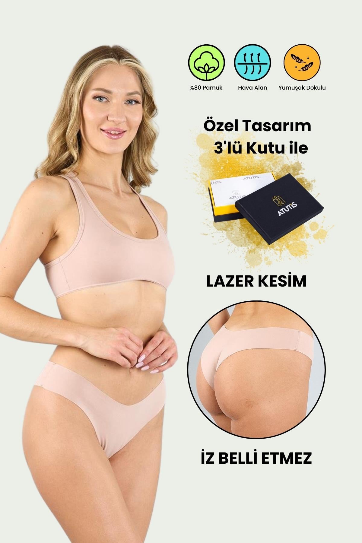 Pamuklu Lazer Kesim Dikişsiz Ten Brazilian Külot 3'lü Paket