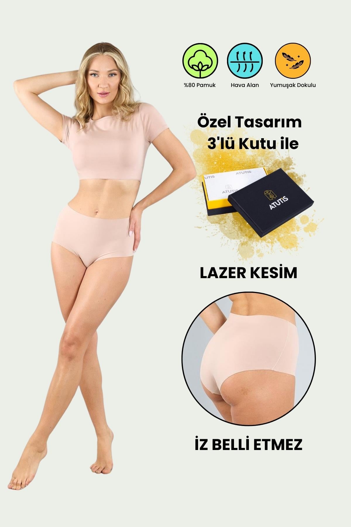 Pamuklu Lazer Kesim Dikişsiz Ten Yüksek Bel Külot 3'lü Paket