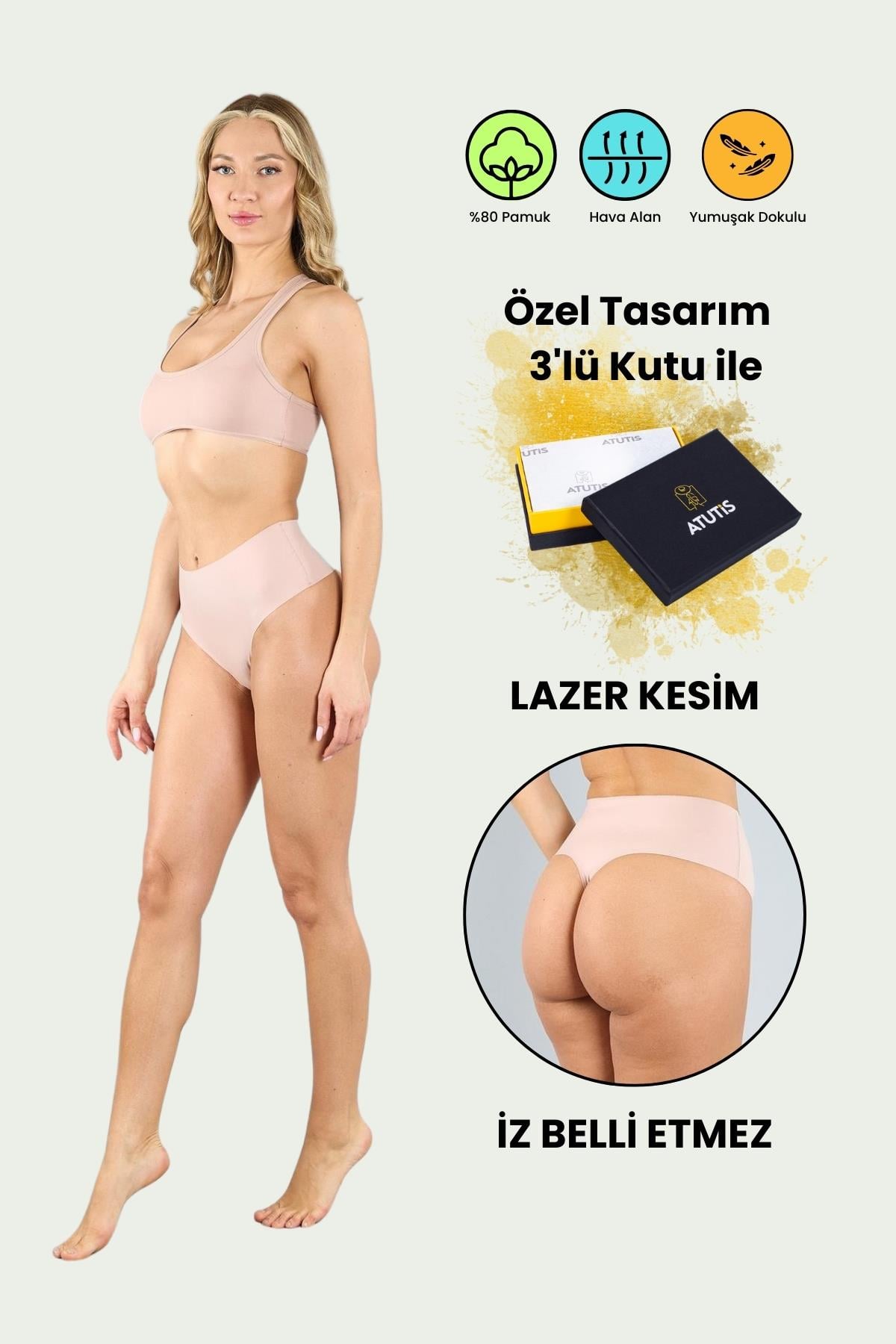 Pamuklu Lazer Kesim Dikişsiz Ten Yüksek Bel Tanga Külot 3'lü Paket