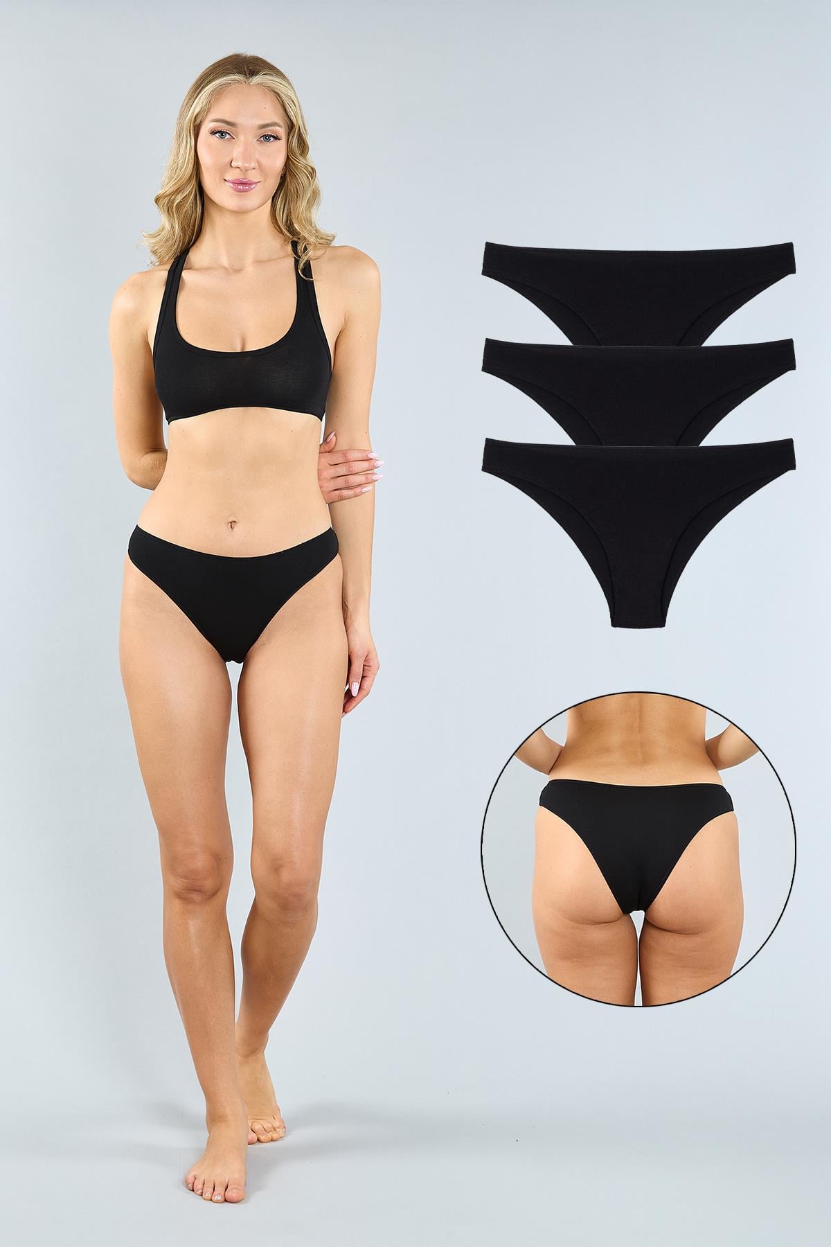 Pamuklu Siyah Brazilian Külot 3'lü Paket