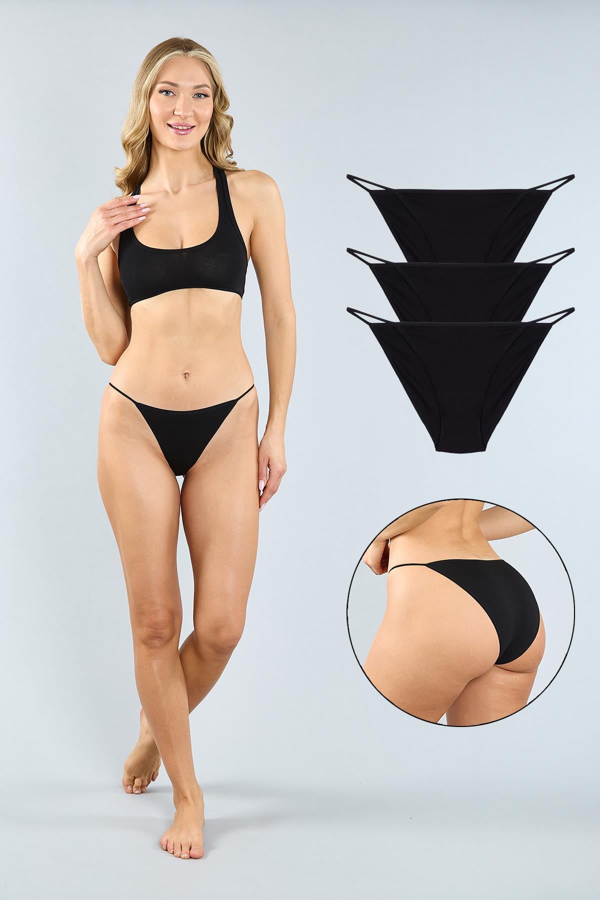 Pamuklu Siyah Klasik Kesim String Külot 3'lü Paket