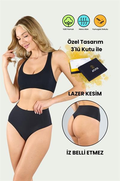 Pamuklu Lazer Kesim Dikişsiz Siyah Yüksek Bel Tanga Külot 3'lü Paket