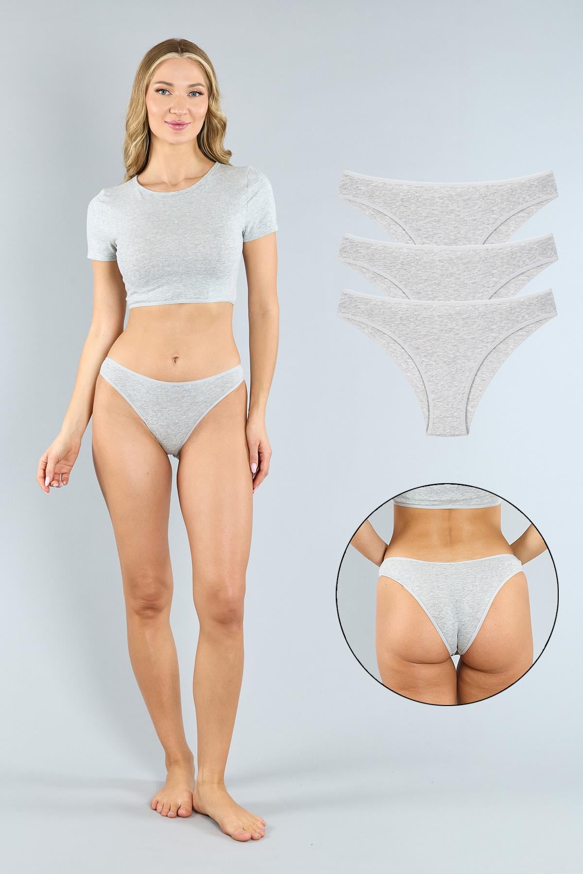 Pamuklu Gri Melanj Brazilian Külot 3'lü Paket