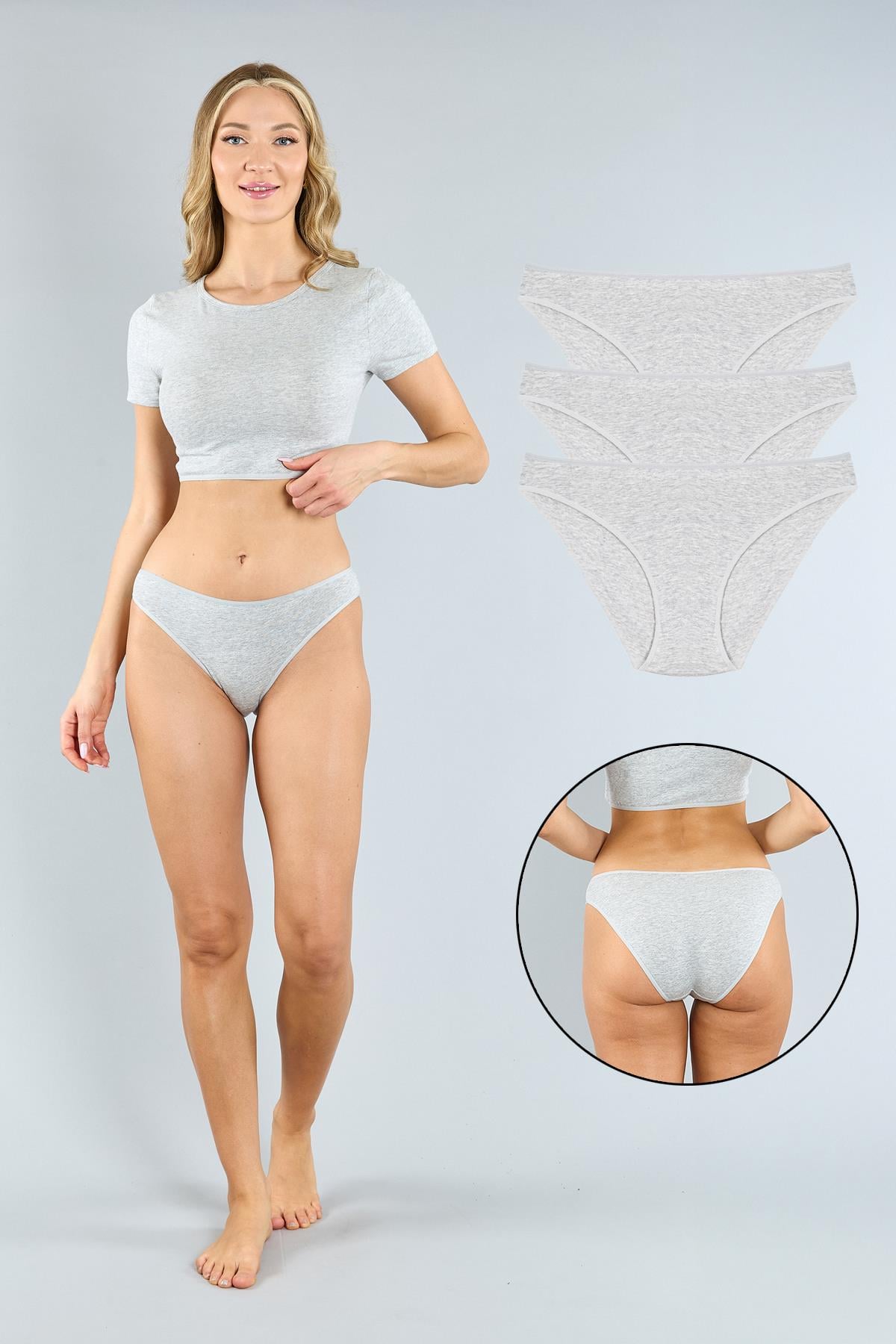 Pamuklu Gri Melanj Klasik Kesim Külot 3'lü Paket