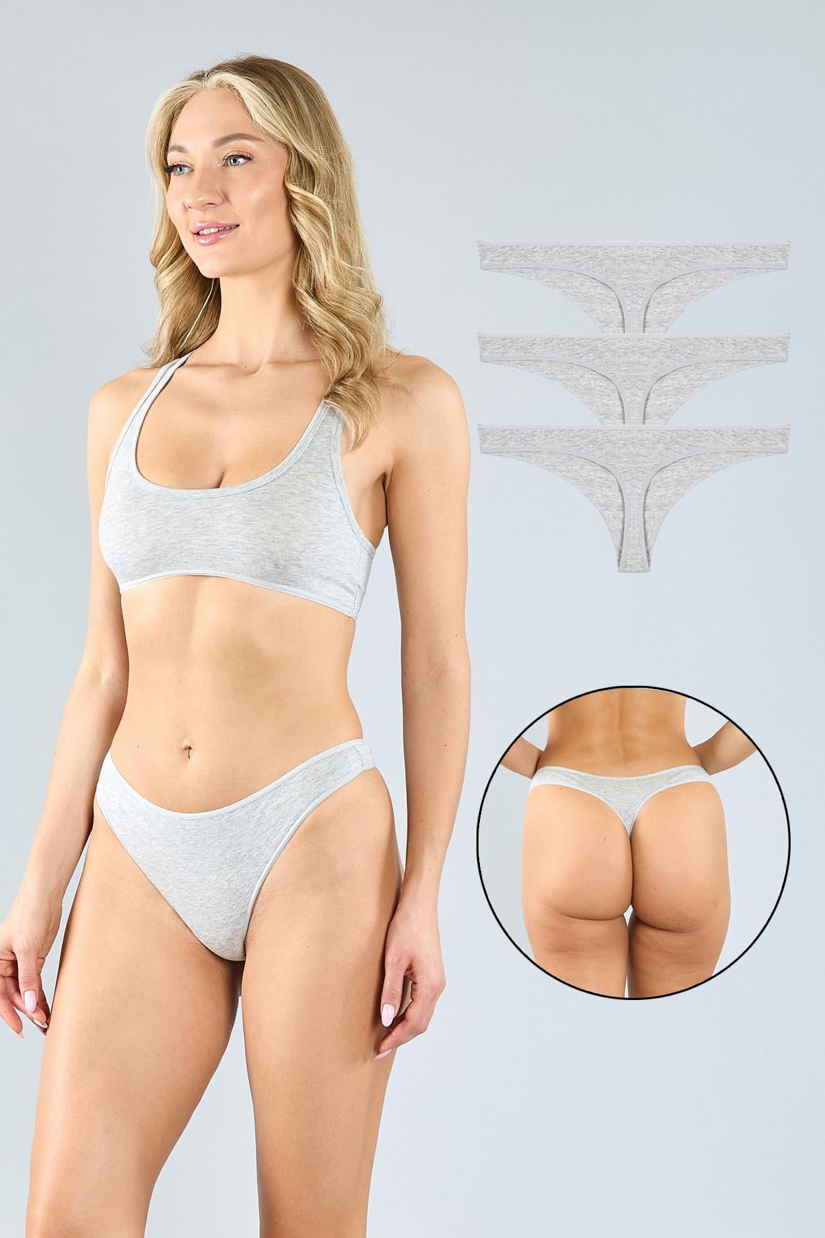 Pamuklu Gri Melanj Tanga Külot 3'lü Paket