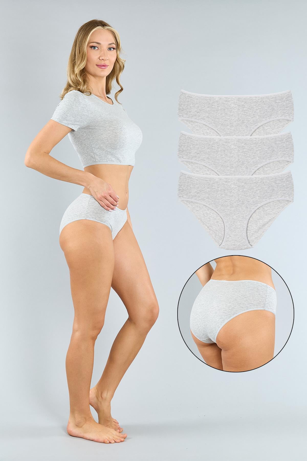 Pamuklu Gri Melanj Yüksek Bel Bato Külot 3'lü Paket