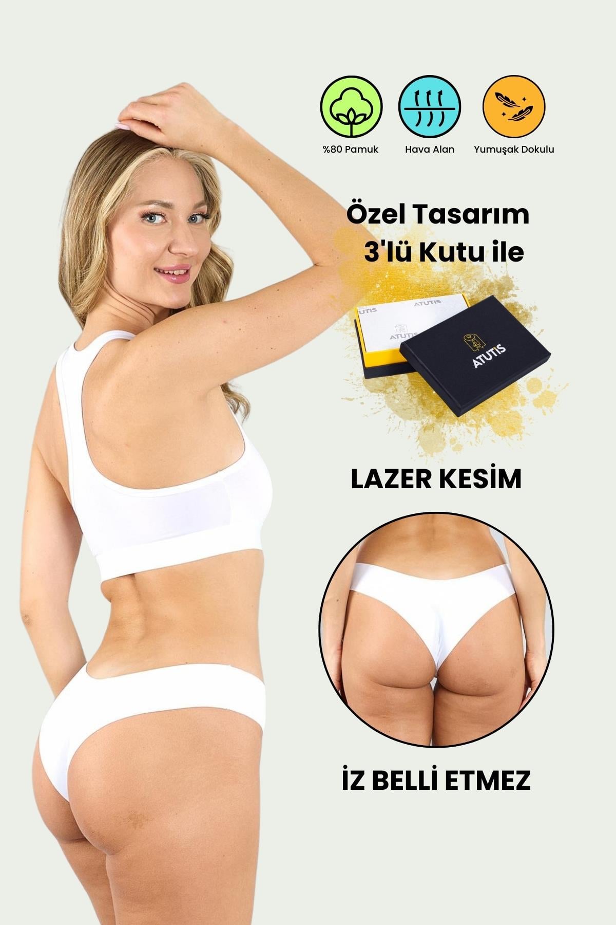 Pamuklu Lazer Kesim Dikişsiz Beyaz Brazilian Külot 3'lü Paket
