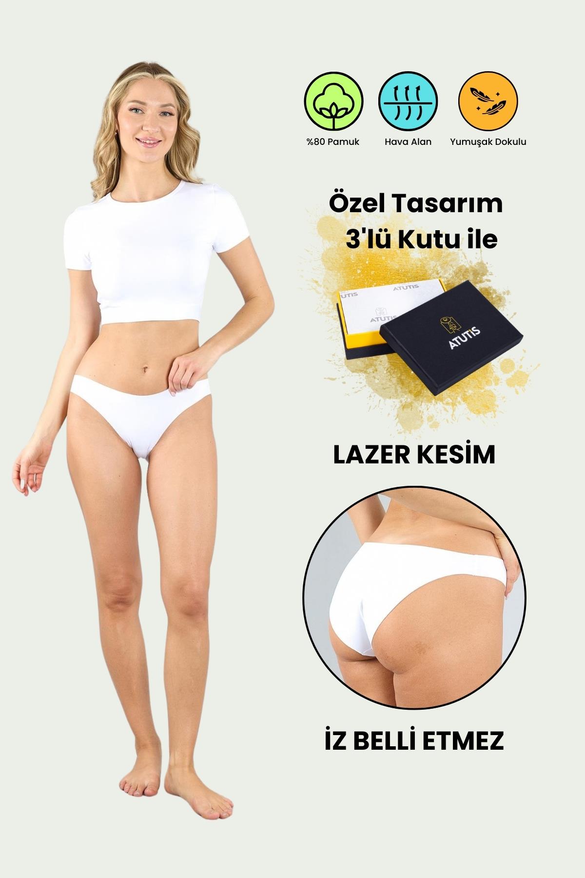 Pamuklu Lazer Kesim Dikişsiz Beyaz Klasik Külot 3'lü Paket
