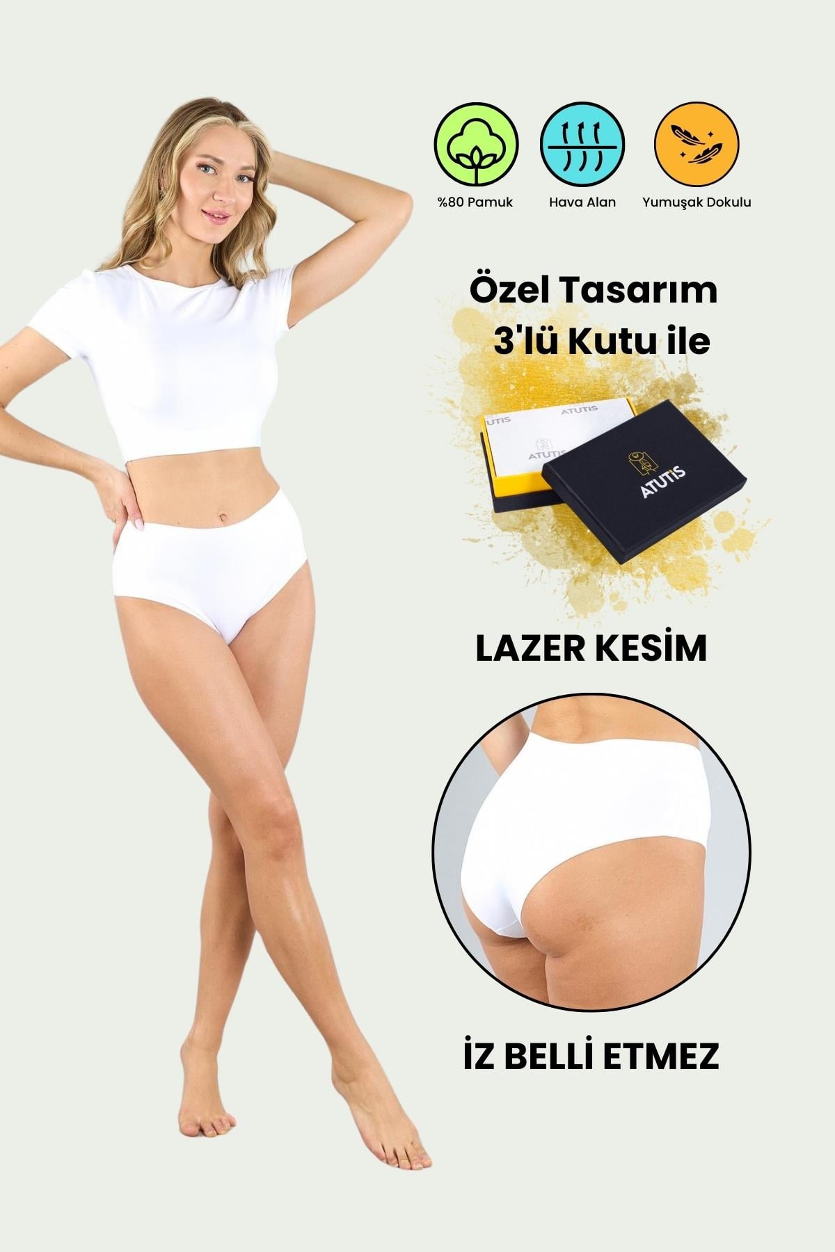 Pamuklu Lazer Kesim Dikişsiz Beyaz Yüksek Bel Külot 3'lü Paket