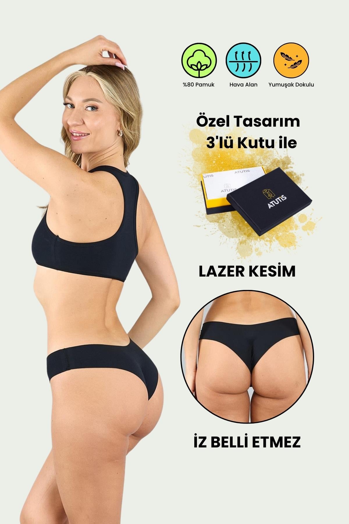 Pamuklu Lazer Kesim Dikişsiz Siyah Brazilian Külot 3'lü Paket