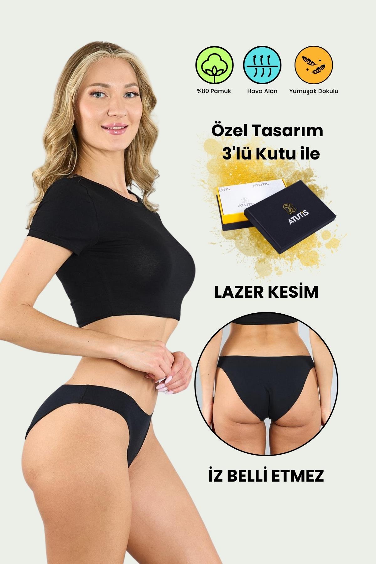 Pamuklu Lazer Kesim Dikişsiz Siyah Klasik Külot 3'lü Paket