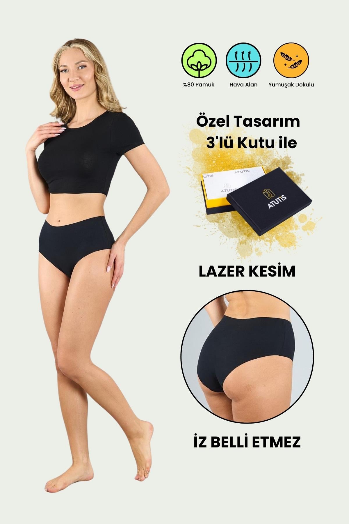 Pamuklu Lazer Kesim Dikişsiz Siyah Yüksek Bel Külot 3'lü Paket
