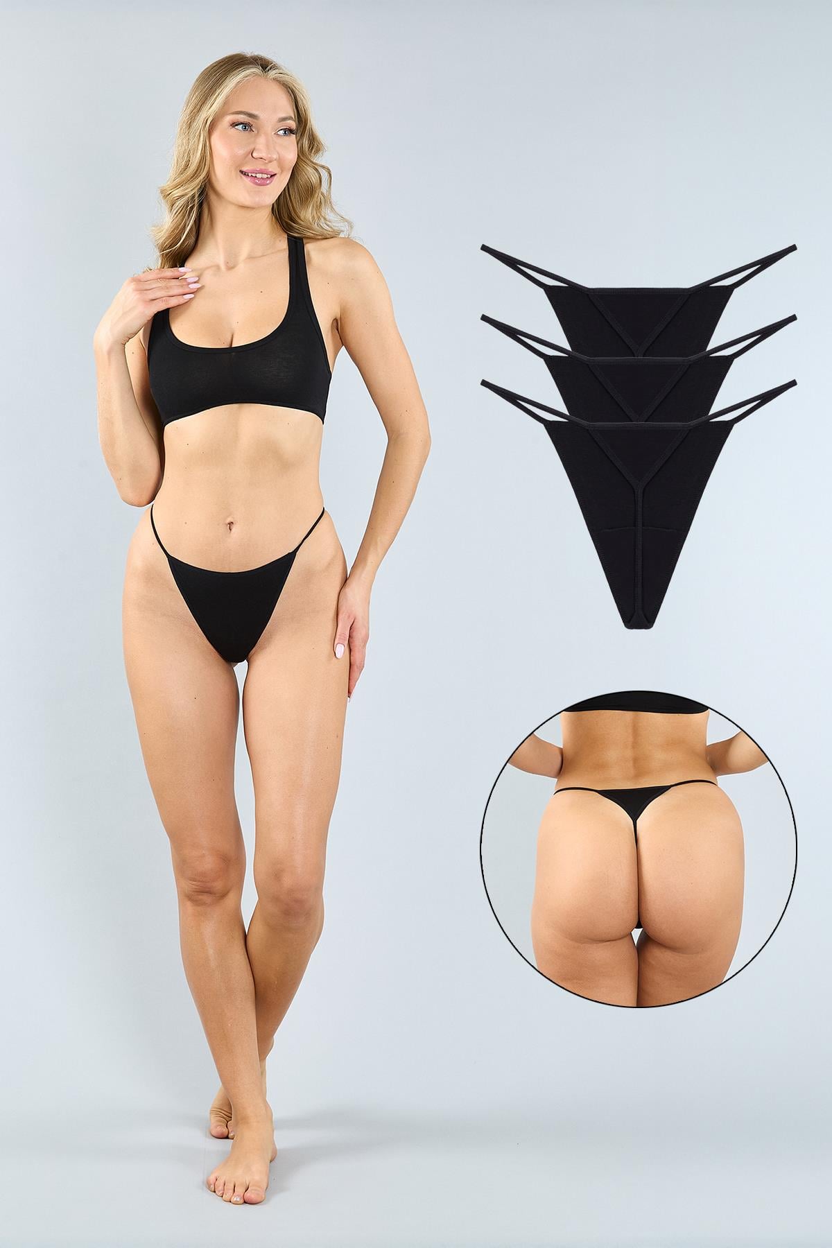 Pamuklu Siyah String Külot 3'lü Paket