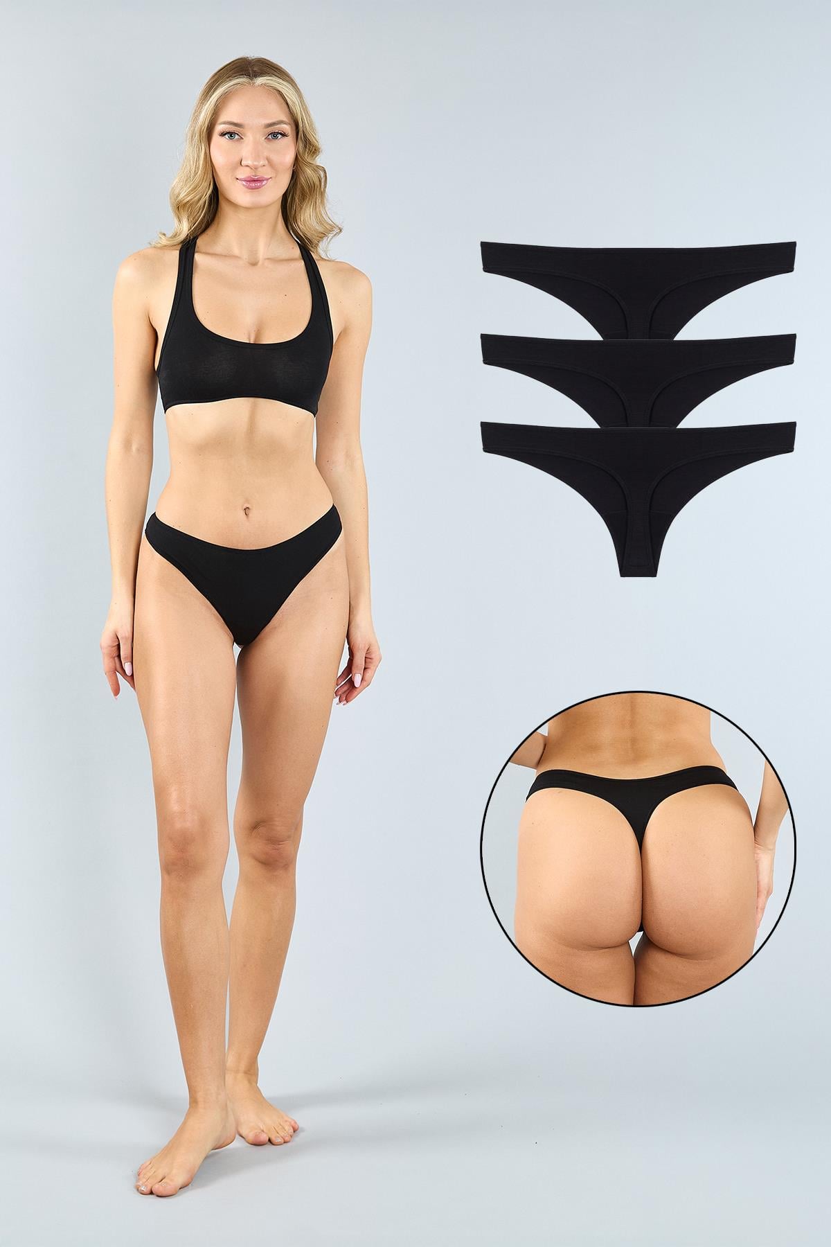 Pamuklu Siyah Tanga Külot 3'lü Paket 