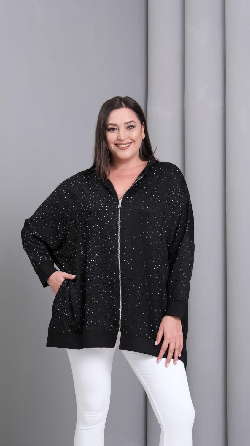 Kadın Kristal Kumaş Önü Fermuarlı Sweatshirt Taş DetaylıBüyük Beden Sweatshirt / Hırka