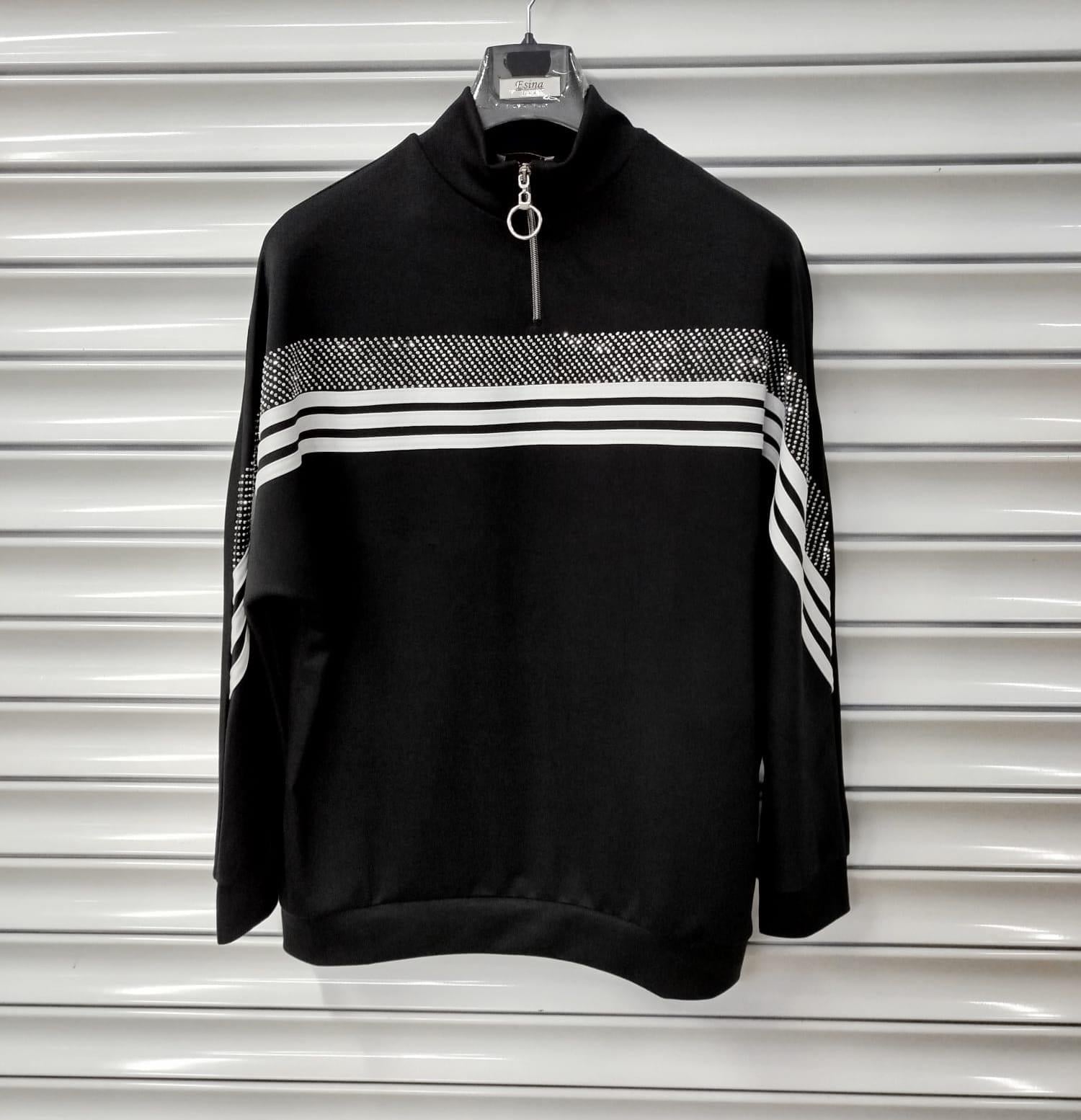 Kadın Modal Kumaş Fermuar Yaka Sweatshirt Taş DetaylıBüyük Beden Sweatshirt / Hırka