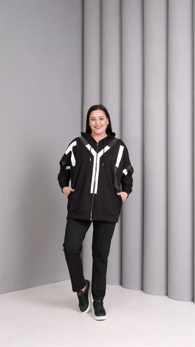 Kadın İki İplik Sweatshirt Önü FermuarlıBüyük Beden Sweatshirt / Hırka