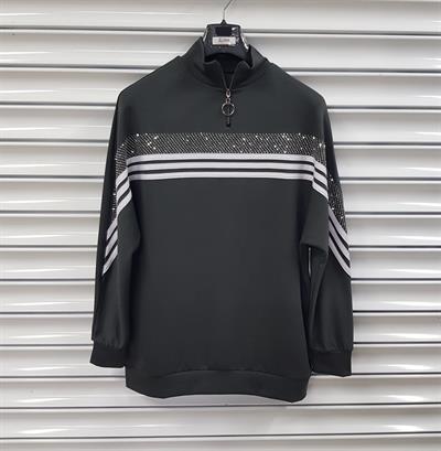 Kadın Modal Kumaş Fermuar Yaka Sweatshirt Taş DetaylıBüyük Beden Sweatshirt / Hırka