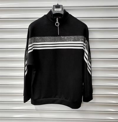 Kadın Modal Kumaş Fermuar Yaka Sweatshirt Taş DetaylıBüyük Beden Sweatshirt / Hırka