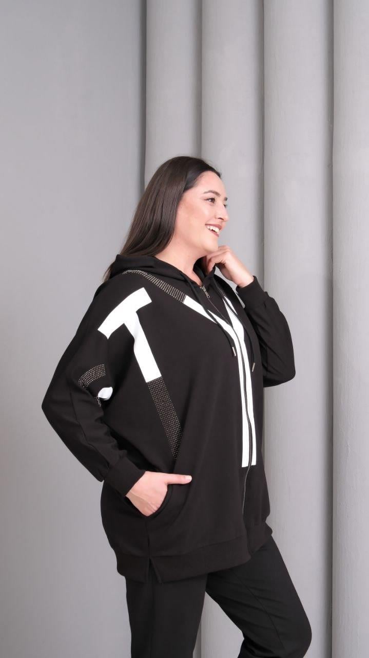 Kadın İki İplik Sweatshirt Önü FermuarlıBüyük Beden Sweatshirt / Hırka