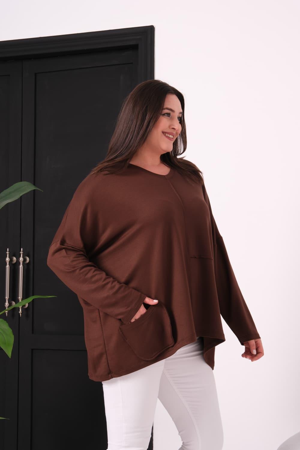 Kadın Kristal Kumaş V Yaka Oversize SweatshirtBüyük Beden Sweatshirt / Hırka
