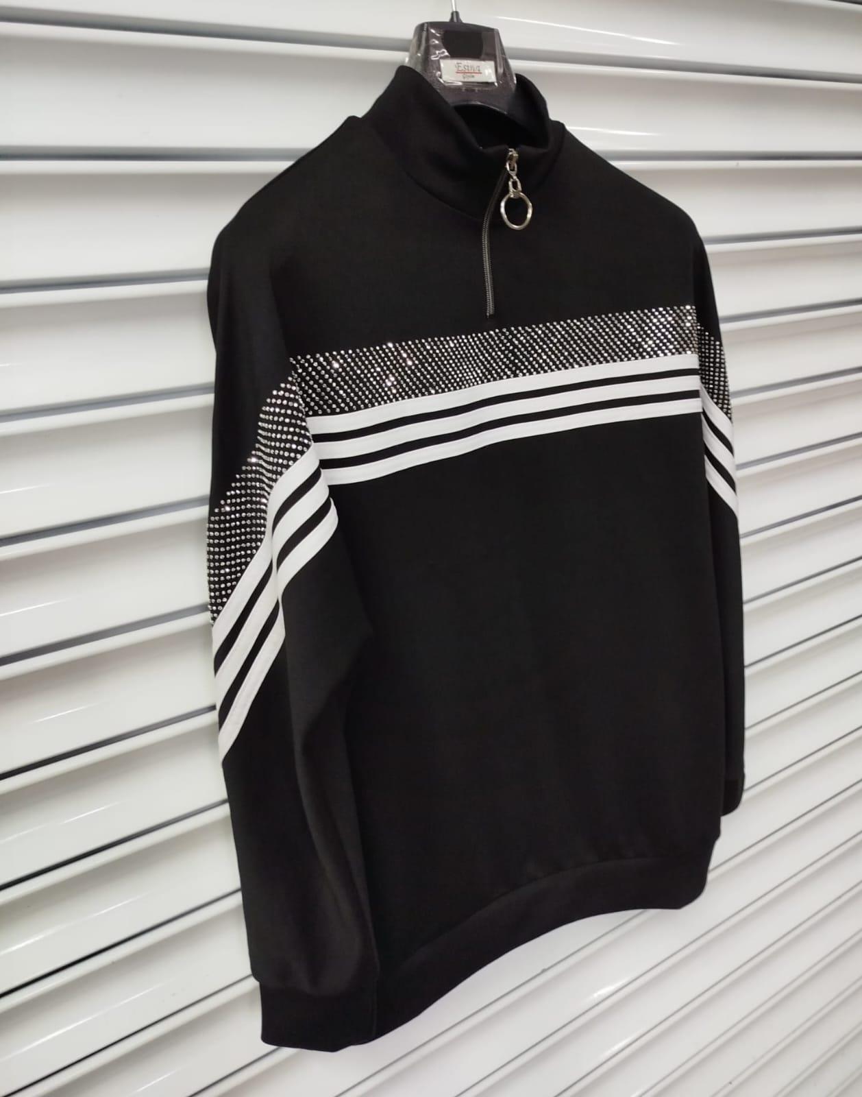 Kadın Modal Kumaş Fermuar Yaka Sweatshirt Taş DetaylıBüyük Beden Sweatshirt / Hırka