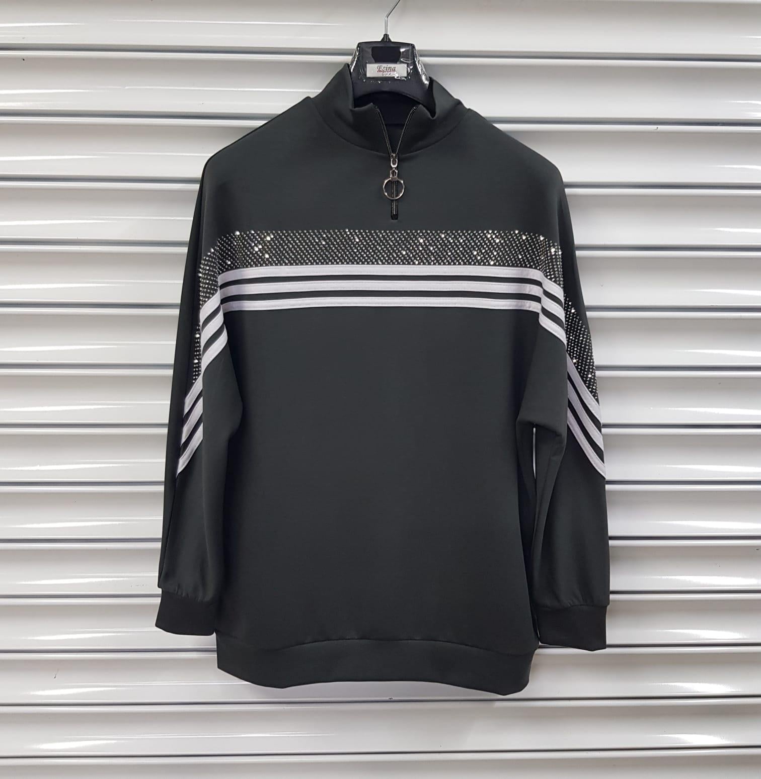 Kadın Modal Kumaş Fermuar Yaka Sweatshirt Taş DetaylıBüyük Beden Sweatshirt / Hırka