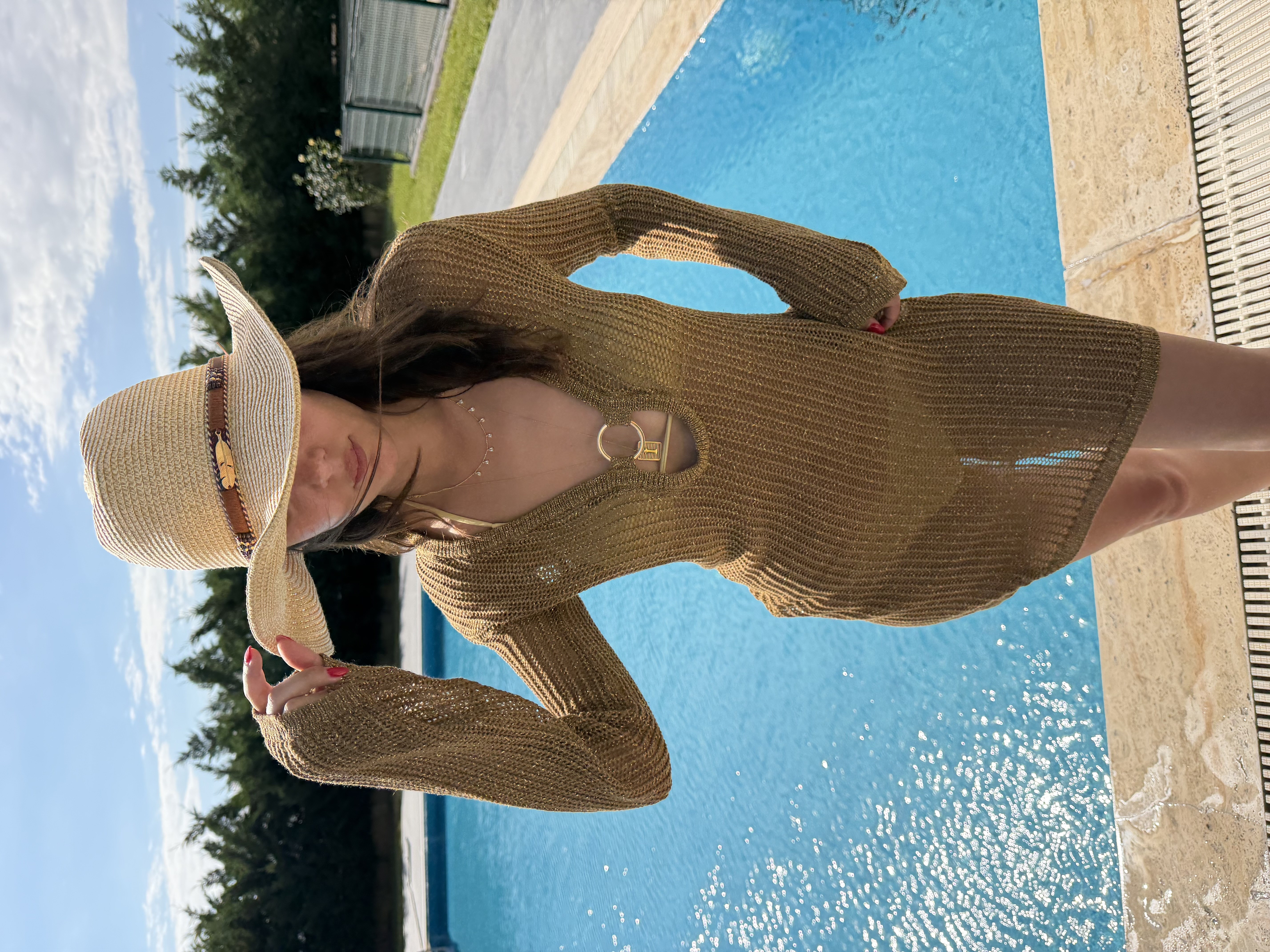 Beachwear Gold Simli File Triko Elbise 