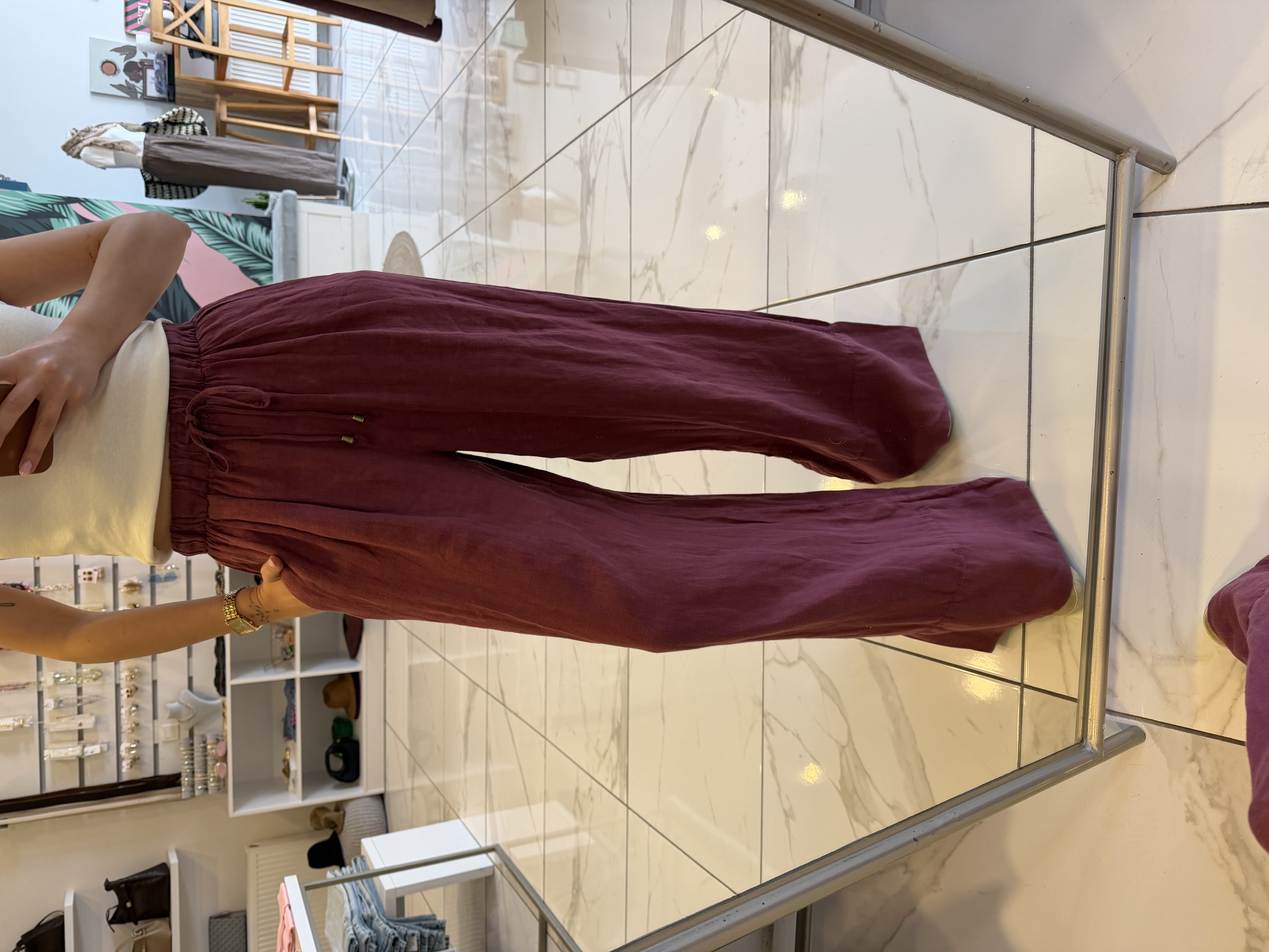 Bordo Ham Keten Geniş Paça Pantolon 