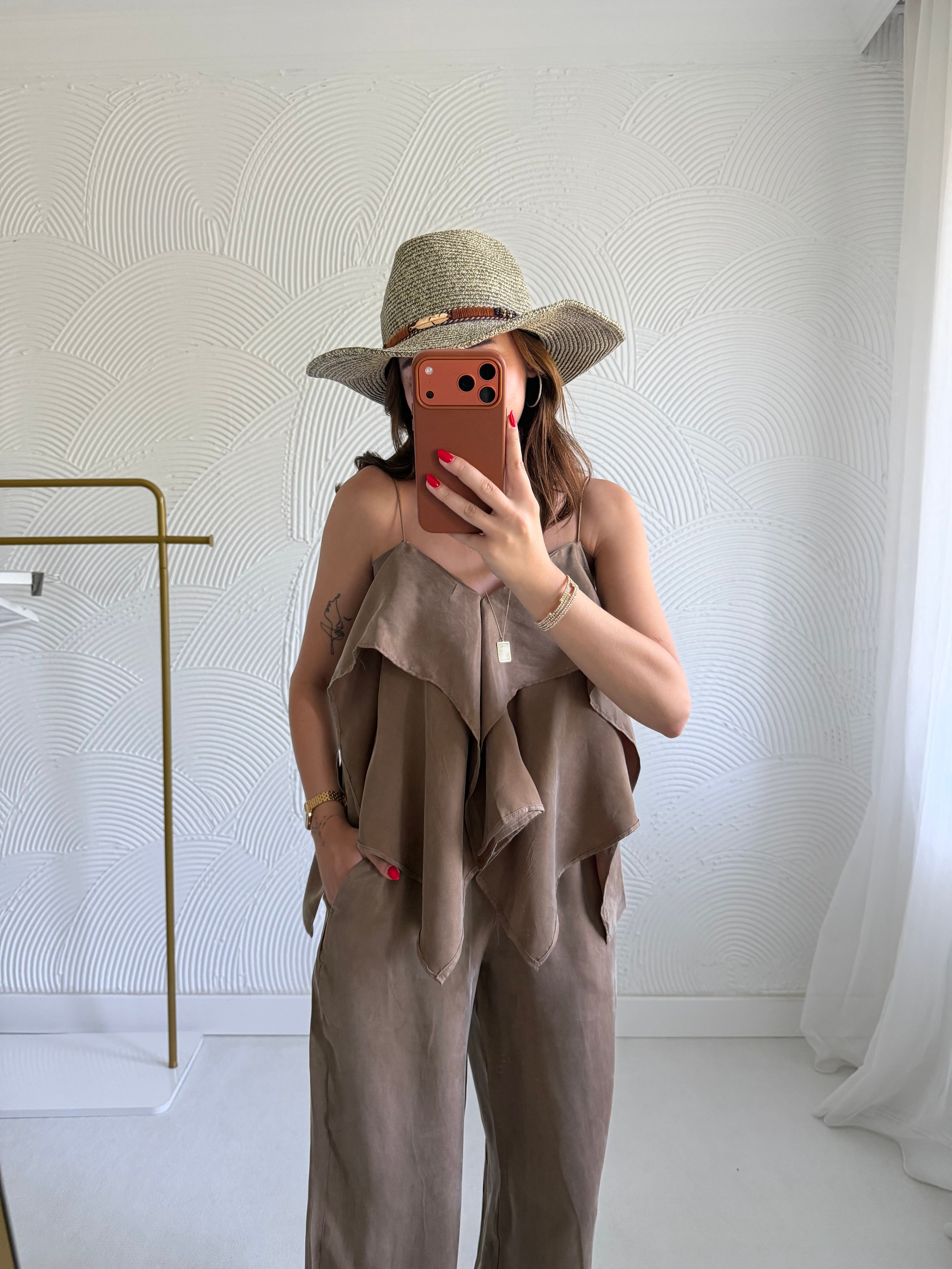 Bronz Fırfırlı Bluz Lastikli Pantolon Takım