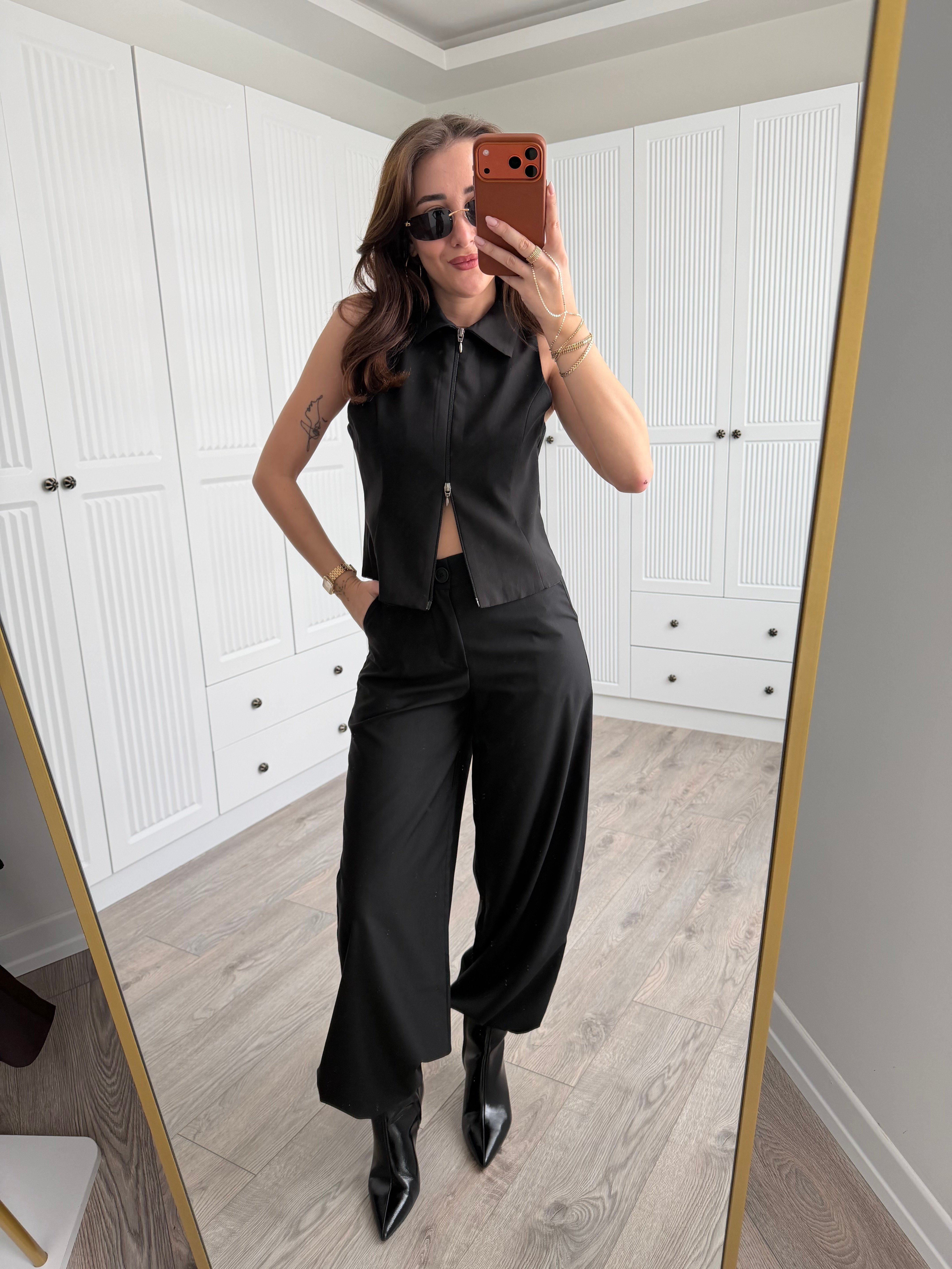 Fermuarlı Yelek Palazzo Pantolon Takım