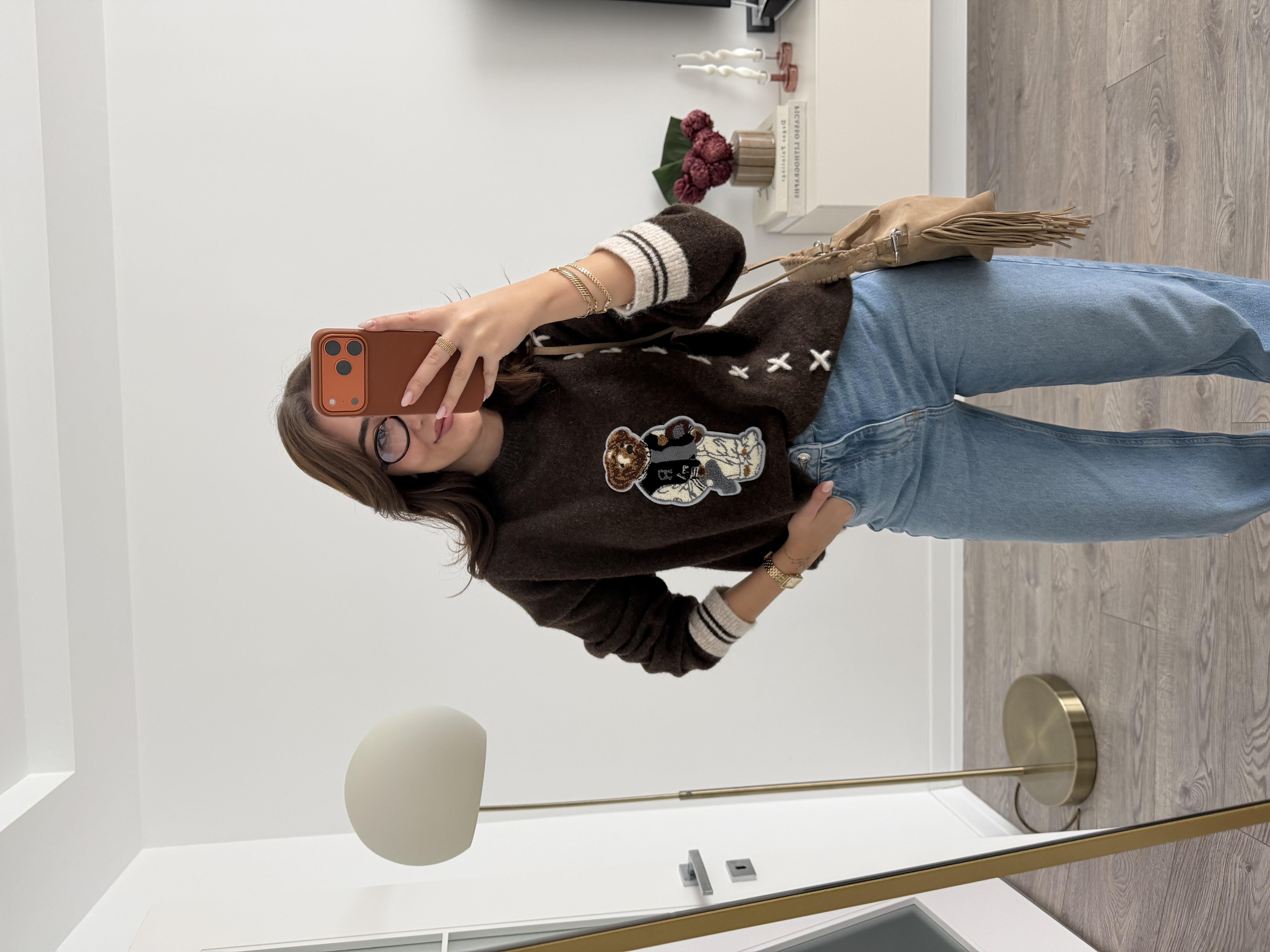 Kahve Ayıcık Nakışlı Kazak 