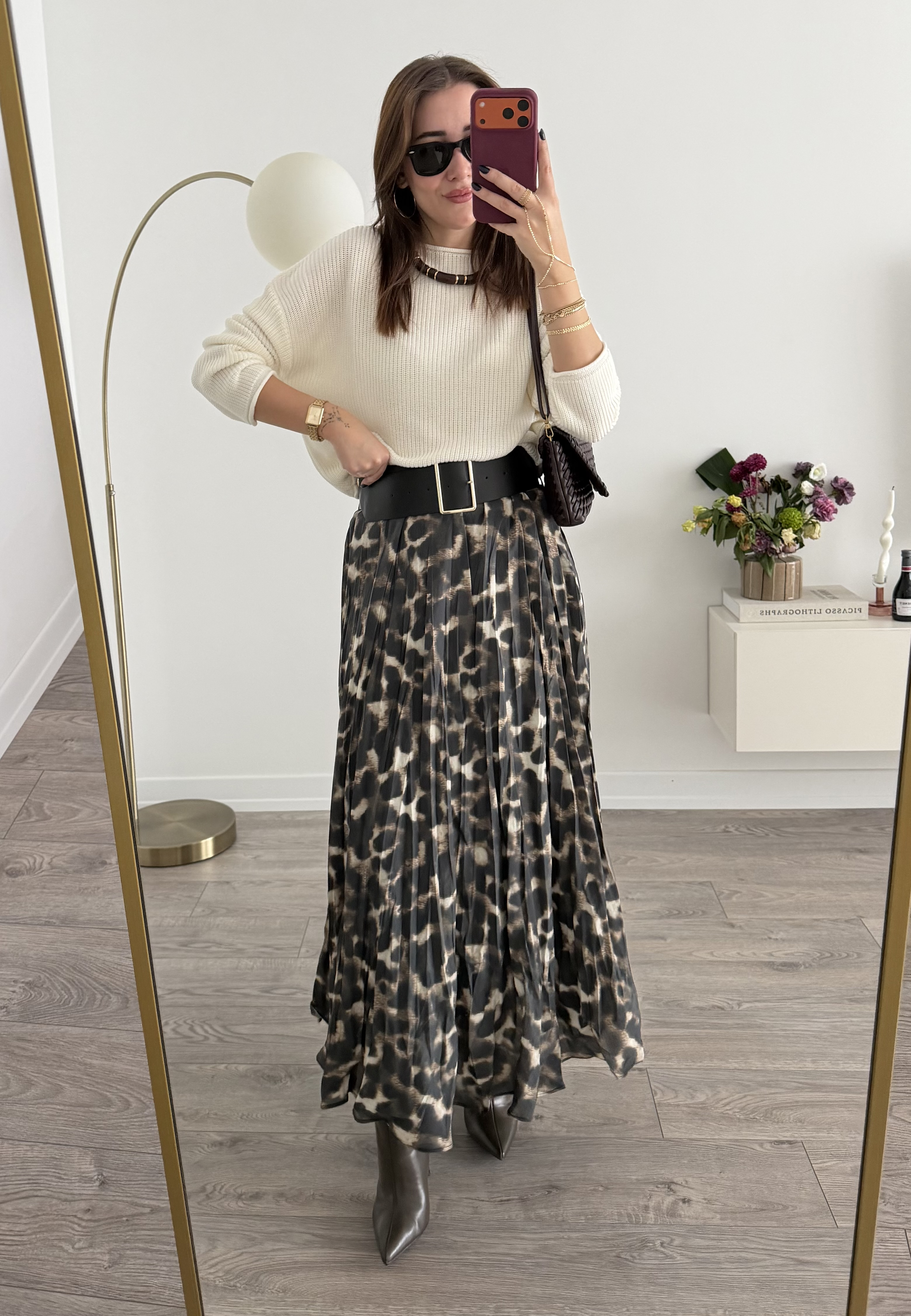 Kemerli Leopar Desenli Kırışık Kumaş Etek