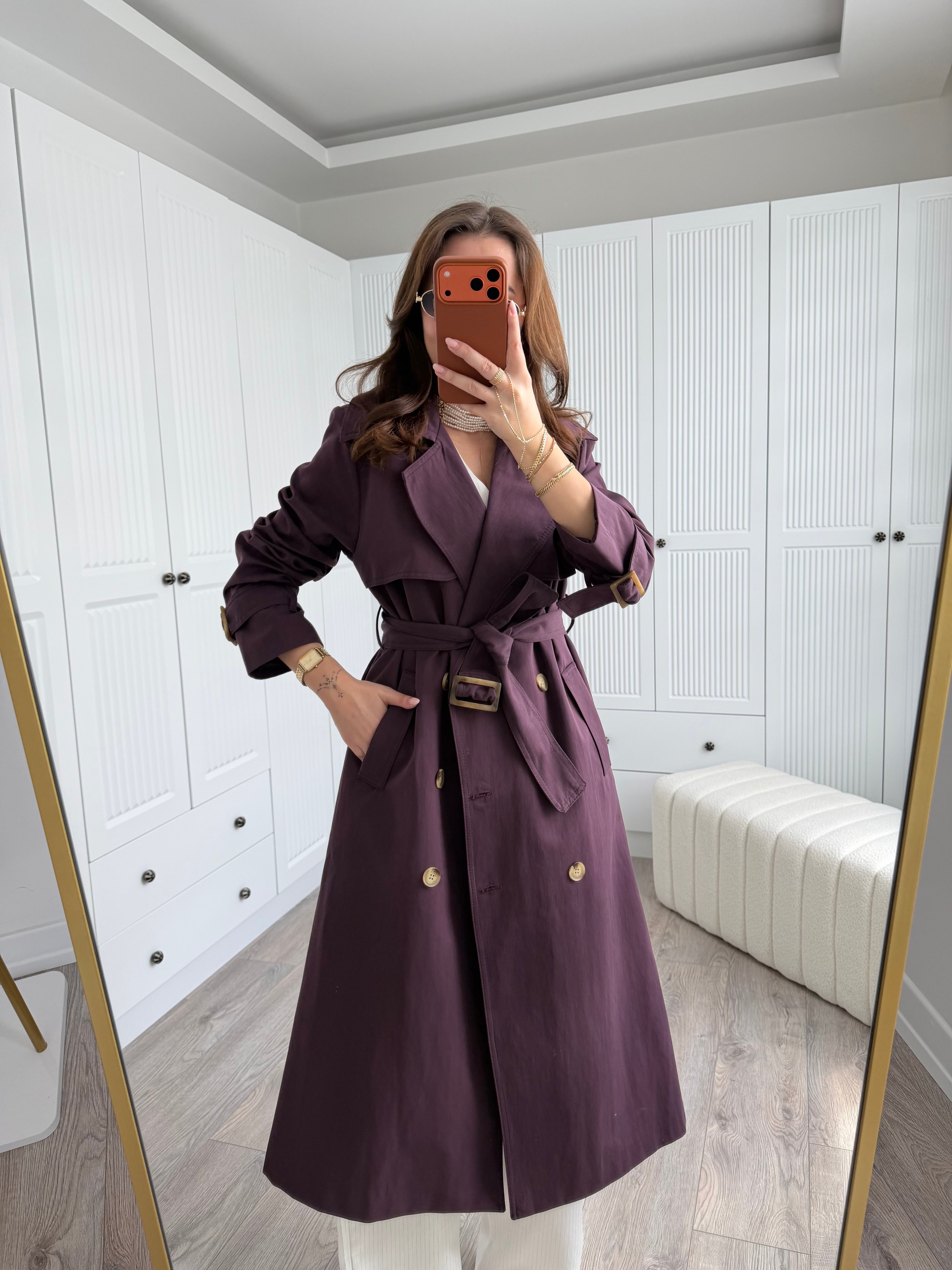 Massmo Premium Mürdüm Düğmeli Kuşaklı Trençkot